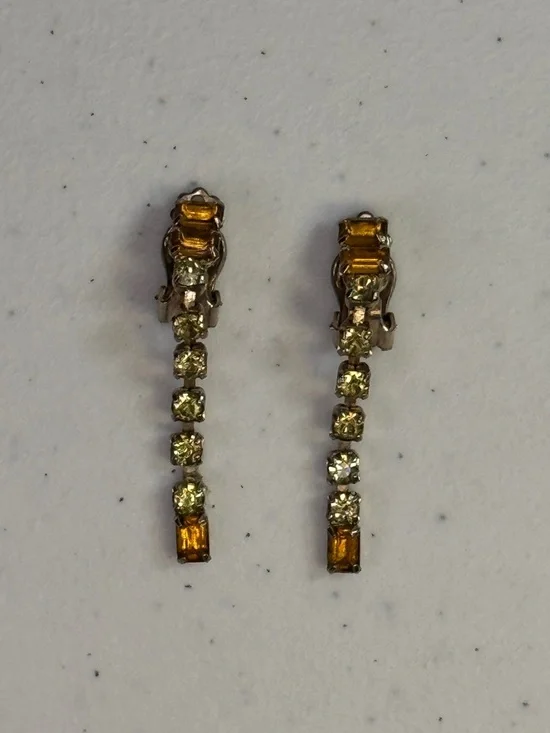 Vintage Amber & Clear crystal Rhinestone Clip-On Drop Earrings + Velvet Gift Bag - Picture 4 of 12